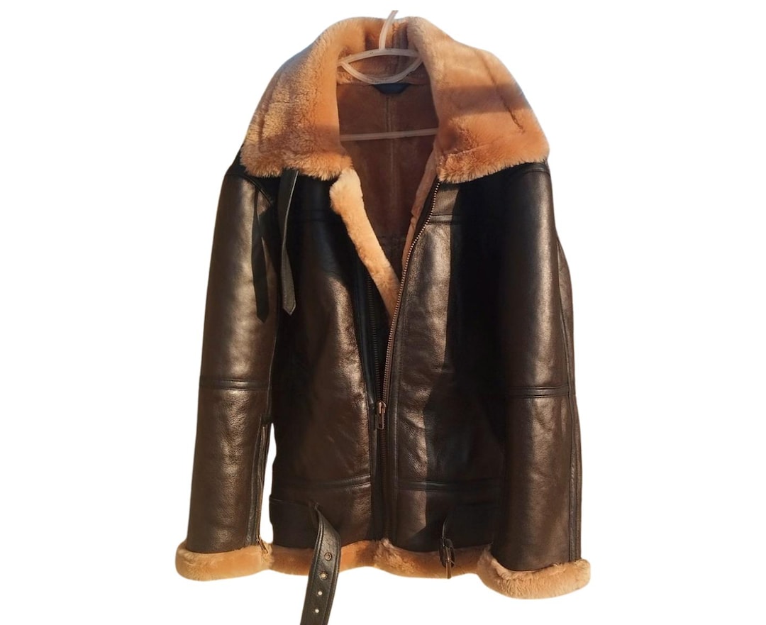Heren Natuurlijk Schapenvacht Warm B3 Bomber Winter Shearling Jas in Militair Stijl Echt Leren Jassen, S