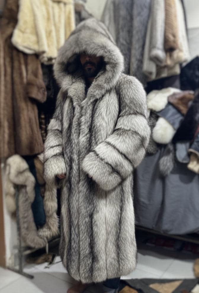 Russian Made Hood Paisley Fabric Silver Fox Fur Matching Mittens And Face Mask Silver Fox Fur Costume with Boots – Samaras Furs main image 2