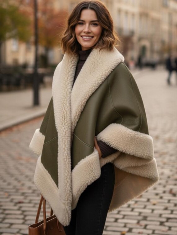 Luxurious Genuine Shearling Cape Poncho Jacket for Women