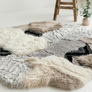 Alfombra de patchwork de piel auténtica hecha a mano / Alfombra redonda de lujo a medida / Decoración de suelo de piel natural de primera calidad / Declaración estética de alta gama