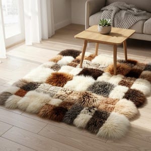 Schaffell Patchwork Teppich, Luxuriöser Arktis Teppich, Echtpelz Teppich Weich & Flauschig Geometrische Fußmatte Handgemachtes Dekor