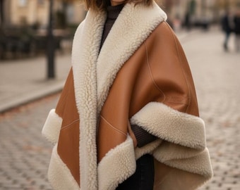 Luxe echte shearling cape poncho voor dames - omkeerbare oversized wikkeljas schapenvacht pilotenstijl
