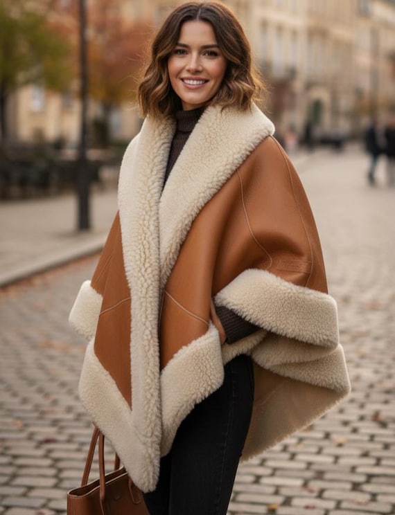 Luxurious Genuine Shearling Cape Poncho Jacket for Women