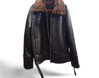 Men's Black Shearling Bomber Jacket | Genuine Sheepskin Aviator Coat | Handmade Leather Outerwear