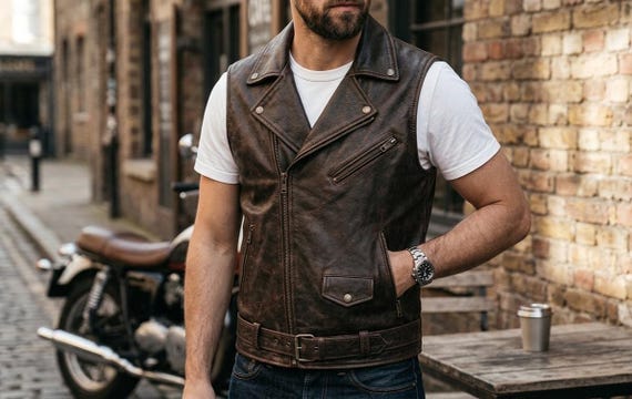 Men's Genuine Brown Leather Vest - Biker Style Leather Waistcoat - Distressed Slim Fit Sleeveless Jacket - Custom Gift For Hubby