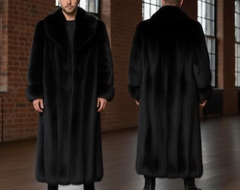 Handgemaakte lange zwarte nertsjas • Hoogpolige winterjas van bont • Doorlopende zware pluche herenjas • Hoogwaardige designermantel