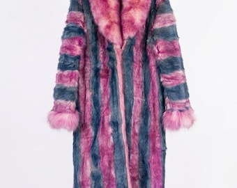 Vintage Long Full-Length 4XL Coat - Overdyed Rabbit Fur Genuine Fox Fur Large Collar & Cuffs | Luxury Striped Boho Chic Glamour Fur Trench