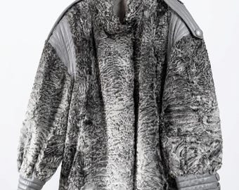 Vintage Grey Astrakhan Fur Coat | Genuine Persian Lamb Karakul Jacket | Real Swakara Fur Overcoat | Luxury Curly Fur Winter Coat | Size XL