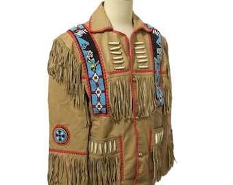 Handmade Native Style Cowboy Coat | Men’s Beaded Beige Buckskin Fringe Jacket NBJ123