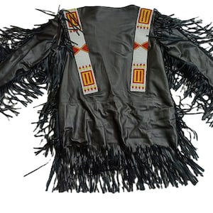 May include: Black leather jacket with fringe detailing and beaded trim. The trim features red, yellow and white beads.