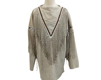 Handmade Beaded Beige Suede Hide Leather Shirt Twisted Fringes WMS11