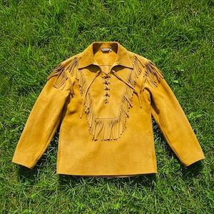 Men's Suede Leather Mountain Man Shirt: Golden Brown Frontier Style MS141
