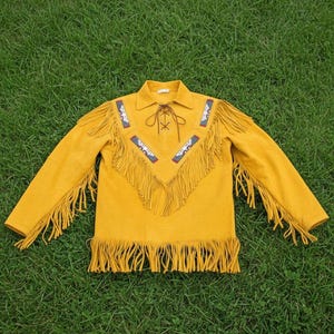Yellow Suede Leather Mountain Man Shirt: Handmade Beaded Frontier Pullover MS112