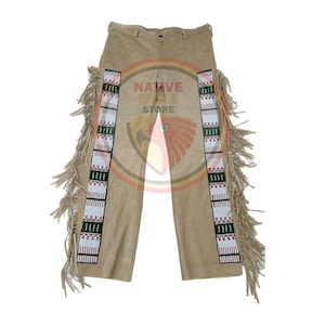 Men&#39;s New Beige Suede Leather Fringe Beaded Pant Native Powwow Pant NFP141