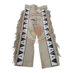 Men&#39;s New Beige Suede Leather Fringe Beaded Pant Native Powwow Pant NFP127