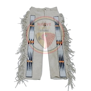 Men&#39;s New Beige Suede Leather Fringe Beaded Pant Native Powwow Pant NFP239