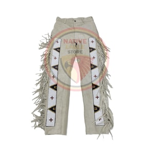 Men&#39;s New Beige Suede Leather Fringe Beaded Pant Native Powwow Pant NFP233