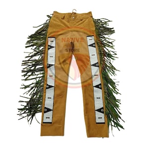 Men&#39;s New Brown Suede Leather Green Fringe Beaded Leather Pant Cowboy Native Powwow Pant NFP09