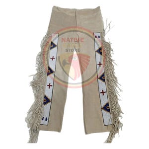 Men&#39;s New Beige Suede Leather Fringe Beaded Leather Pant Native Powwow Pant NFP02