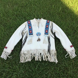 Handmade Beaded White Leather Mountain Man Shirt: Frontier Style Pullover MS134