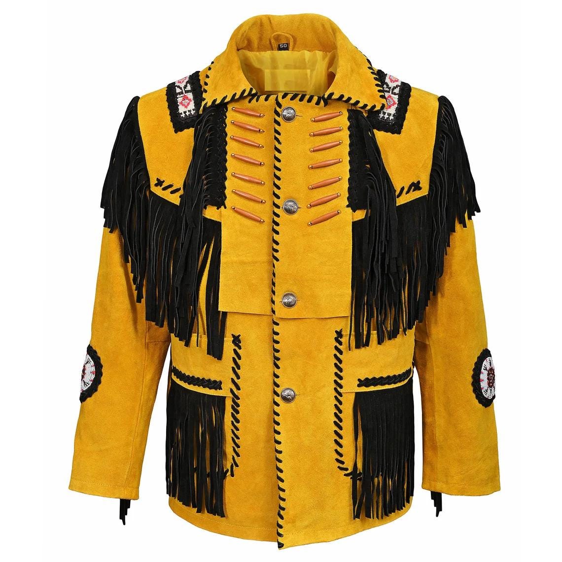 New Gold Suede Leather Handmade Beaded Fringe Cowboy Jacket
