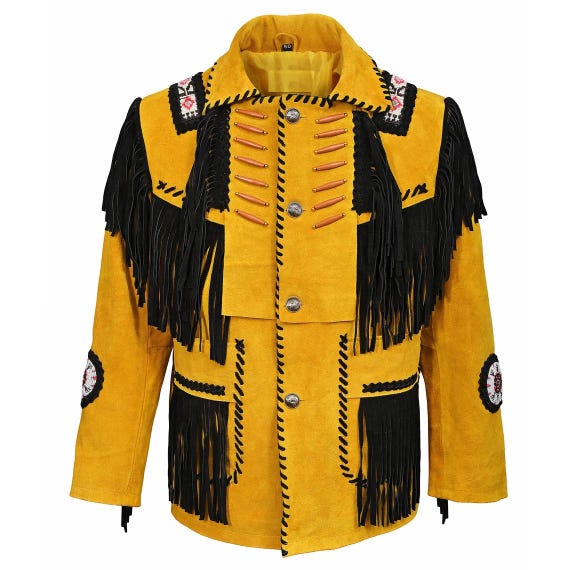New Gold Suede Leather Handmade Beaded Fringe Cowboy Jacket