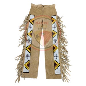 Men&#39;s New Beige Suede Leather Fringe Beaded Pant Native Powwow Pant NFP1043