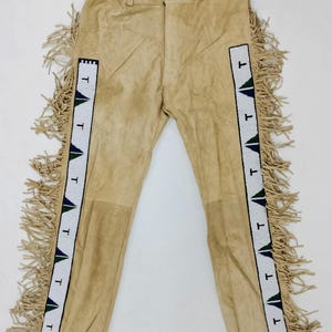 Men&#39;s New Beige Suede Leather Fringe Beaded Leather Pant Native Powwow Pant NFP01