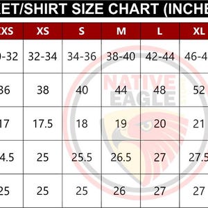 May include: A size chart for jackets and shirts in inches. The chart shows sizes from XXS to 5XL and includes measurements for chest, shoulder, sleeve, and length.