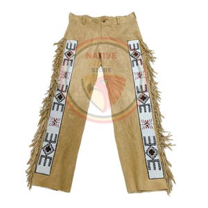 Men&#39;s New Beige Suede Leather Fringe Beaded Pant Native Powwow Pant NFP830