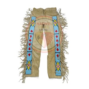 Men&#39;s New Beige Suede Leather Fringe Beaded Pant Native Powwow Pant NFP238