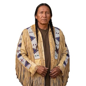 May include: A tan leather jacket with long fringe and intricate beadwork in blue, white, and red. The jacket has a button-up front and is worn over a brown shirt. The jacket's design is reminiscent of Native American craftsmanship.