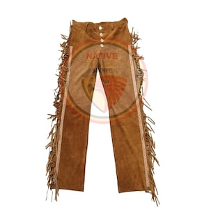 Men&#39;s New Brown Suede Leather Fringe Beaded Pant Native Powwow Pant NFP302