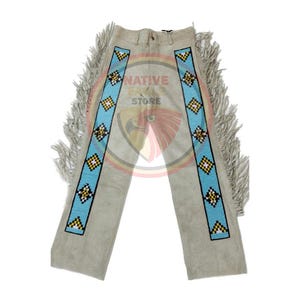 Men&#39;s New Beige Suede Leather Fringe Beaded Pant Native Powwow Pant NFP133