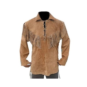 May include: A tan suede shirt with long sleeves and a collar. The shirt has a fringed yoke and a laced closure at the neckline. The sleeves are long and the shirt appears to be a medium size.