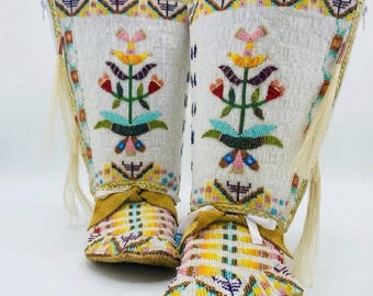 Leggings et mocassins perlés pour pow-wow – Tenue d'inspiration autochtone, vêtements traditionnels de pow-wow faits main