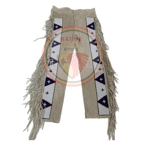 Men&#39;s New Beige Suede Leather Fringe Beaded Pant Native Powwow Pant NFP205
