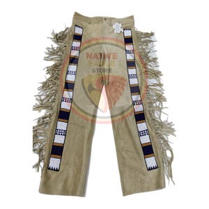 Men&#39;s New Beige Suede Leather Fringe Beaded Pant Native Powwow Pant NFP128