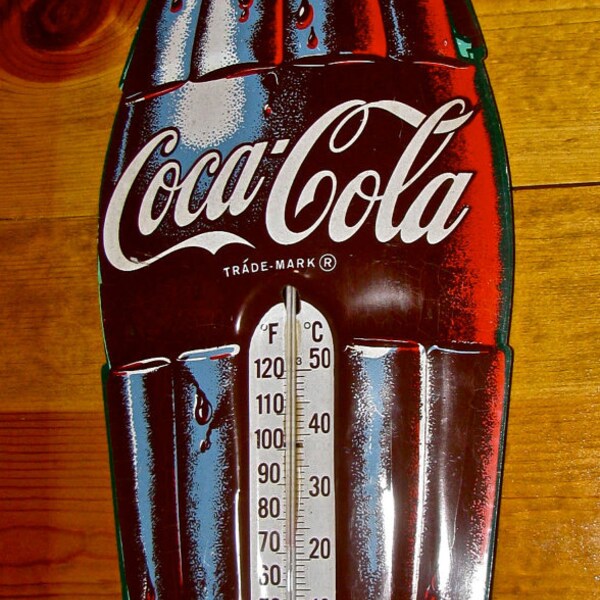 Big 29 Inch Vintage Tin / Metal Advertising Coca Cola Bottle Shape Thermometer Coke Soda Sign