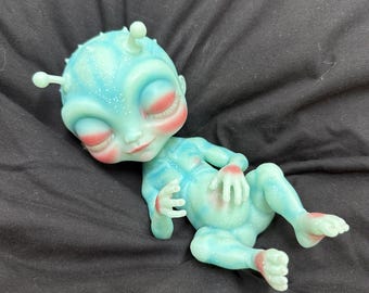 Prototype Ophelia Blue Teal Alien Baby Doll: Miniature Silicone Reborn, Hand-Painted Cosmic Companion