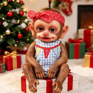 May include: A lifelike monkey doll with brown fur, wearing a blue and white checkered dress and a red polka dot headband. The doll is sitting on a white gift box with a red ribbon, with a Christmas tree and wrapped gifts in the background.