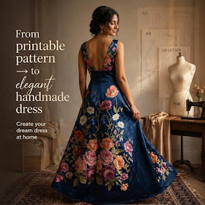 May include: A woman wearing a navy blue, floor-length dress with a low back and floral embroidery. The dress features a variety of flowers in shades of pink, orange, and white. Text on the left reads "From printable pattern to elegant handmade dress."