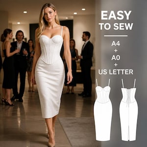 May include: A woman in a white, strapless corset dress with a pencil skirt. The dress has a structured bodice and thin spaghetti straps. The text "EASY TO SEW" is displayed, along with size options A4, A0, and US LETTER. The dress is a formal wear design.