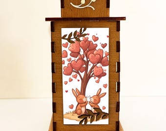 Bunnies Love Tree Wooden Night Lamp Lantern, Rabbit Animal Wooden Lights Design