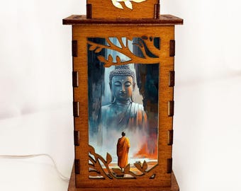 Lámpara de noche de madera con forma de monje y Buda, ideal para meditación y yoga, decoración del hogar.