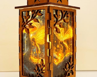 Lámpara de noche de hadas de fantasía, lámpara de madera brillante con diseño de bosque de hadas encantado, regalo mágico único, linterna de madera para decoración del hogar