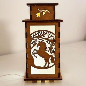Wild Horse Under A Tree Night Lamp Lantern, Horse Lover Art Glowing Wooden Lamp, Unique Horse Gift, Wood Home Decor Lantern