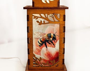 Honey Bee Flower Wooden Night Lamp, Animal Glowing Light Home Decor