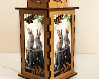 Bunnies In The Forest Wooden Night Lamp Lantern, Rabbit Wooden Lights Design