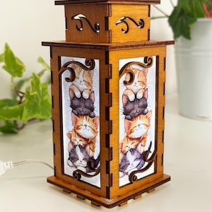 Pile Of Cats Cartoon Night Lamp Lantern, Small Cute Kitten Glowing Wooden Lamp, Unique Cat Gift, Wood Home Decor Lantern